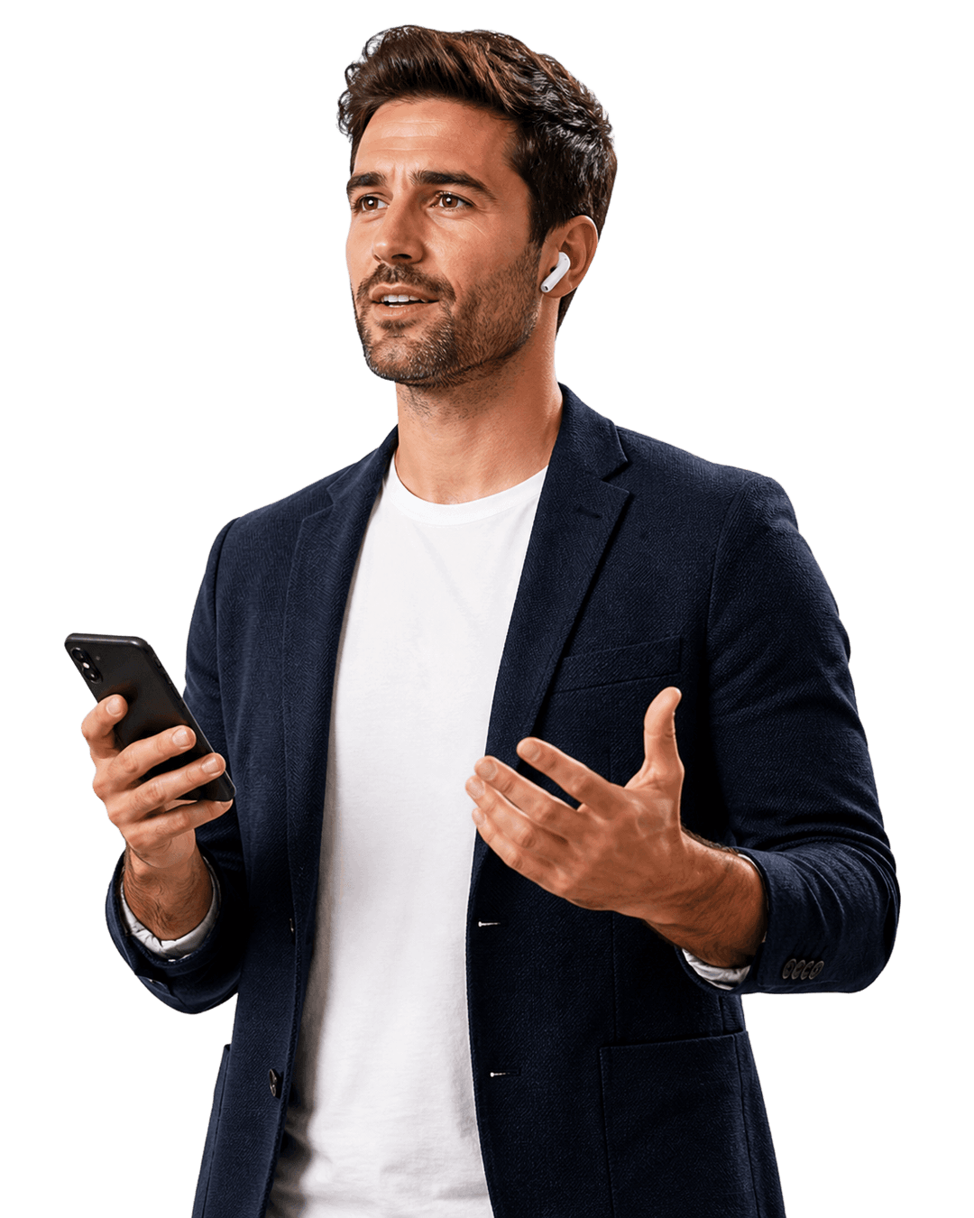 Professional speaker using Fidus Voice AI coaching through an earbud